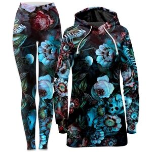 Floral Skull Print Hoodie & Leggings Set - Blue/Black